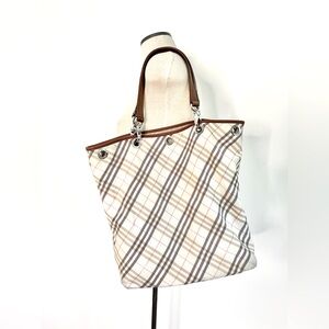 NWOT Burberry Convertible Beige Plaid Fabric Large Tote Bag with Leather Handles